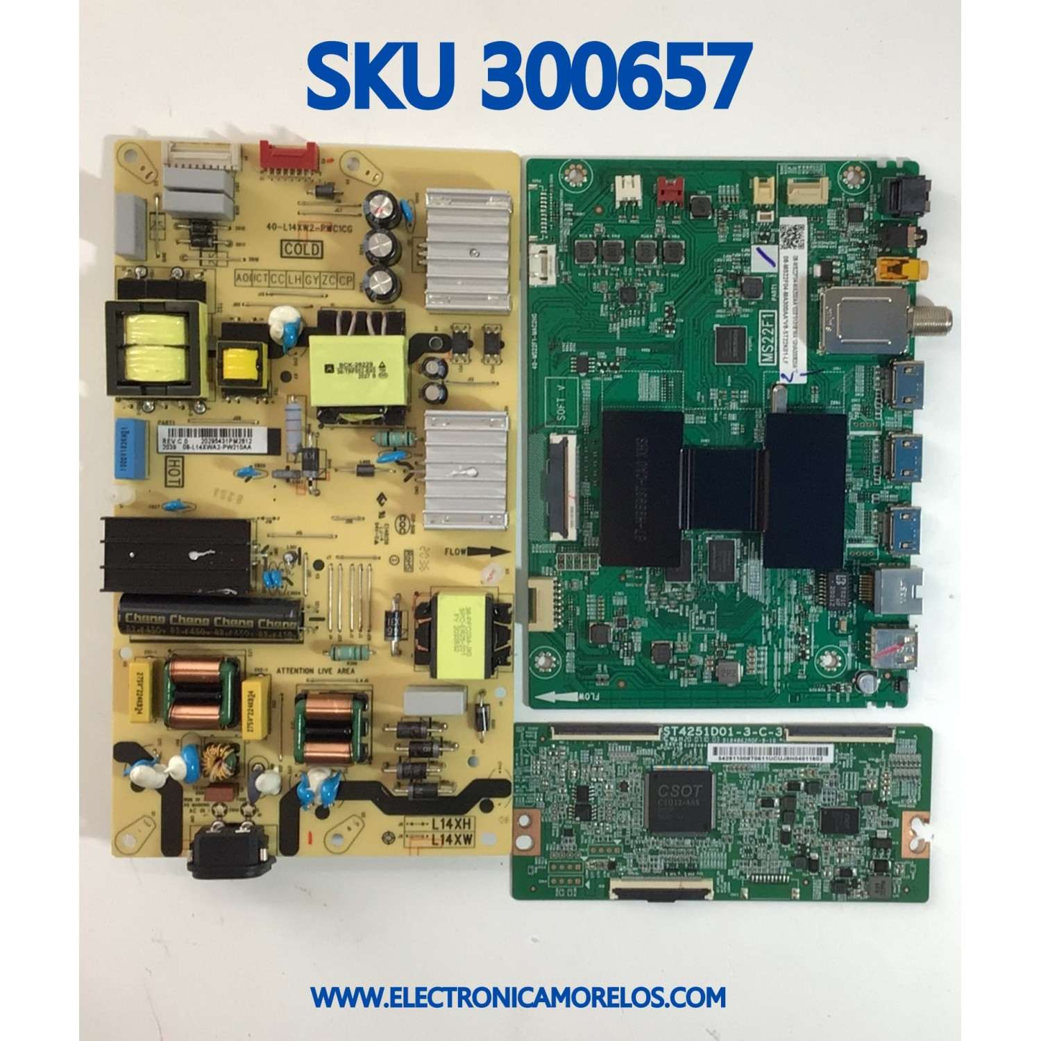 KIT DE TARJETAS PARA TV TCL / MAIN 08-MS22F04-MA200AA / 40-MS22F1-MAC2HG / FUENTE 08-L14XWA2-PW210AA / 40-L14XW2-PWC1CG / 20295431PM2812 / E148158 / T-CON 342911008 / ST4251D01-3-C-3 / PANEL LVU430NEBL / MODELO 43S525